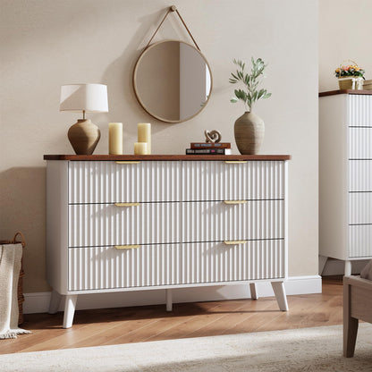 GarveeHome Fluted Dresser for Bedroom with 6 Deep Drawers, 47.2" Wide Modern Chest of Drawers, Wooden Dresser TV Stand, Curved Profile Design, for Living Room, Kids Room, Hallway, White