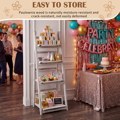 Sintuff White Wooden 4-tier Foldable Ladder Shelf, Sturdy Dessert & Snack Display Stand for Birthday Party & Wedding, Indoor Stand Corner Storage Bookshelf, Rustic Storage Rack, No Tool Assembly