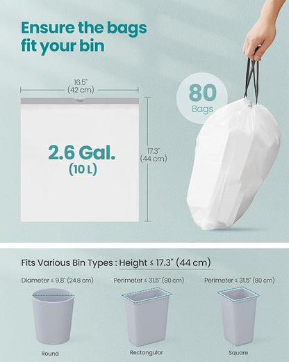 SONGMICS Trash Bags for 2.6-Gallon Trash Cans, Drawstring Kitchen Garbage Bags