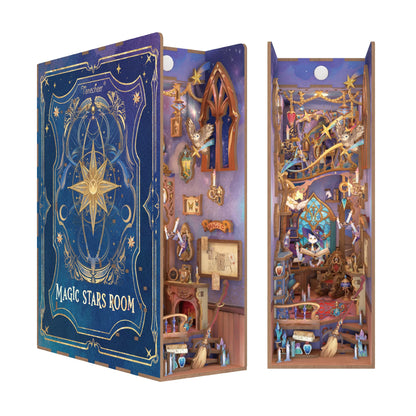 Tonecheer DIY Book Nook Kit for Adults,3D Wooden Puzzle Bookend Bookshelf Insert Library Decor, Booknook Miniature House Kit with Body Motion Sensor LED Light (Magic Stars Room)