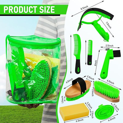 Cunhill 9 Pcs Horse Grooming Kit Tack Room Supplies Set with Tote Bag, Oval Massage Curry, Hard and Soft Brush, Hoof Pick, Sweat Scraper, Bathing Sponge, Comb for Horse Rider(Cute,Green)