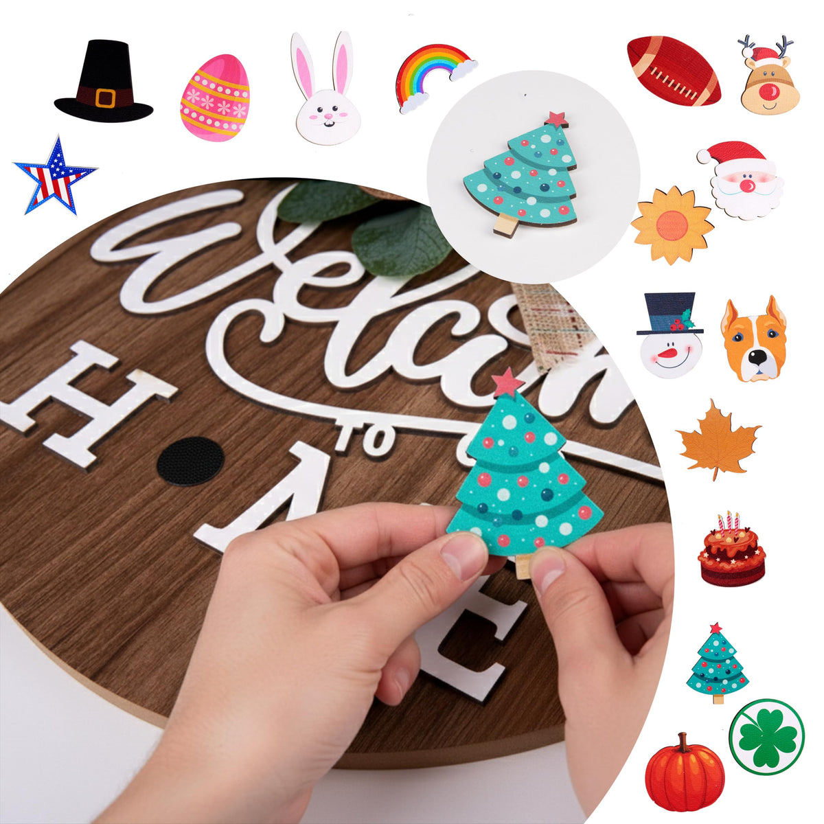 CondorPasea Interchangeable Welcome Door Sign with 16 Different Replaceable Patterns - 12" Round 3D Rustic Wooden Front Porch Decor, Artificial Leaves & Rustic Beads, Farmhouse/Classroom All Seasons Holiday (Christmas Halloween) Welcome Home Hanging Sign