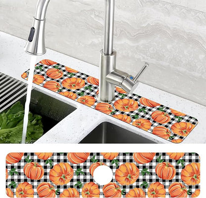 Thanksgiving Pumpkin Kitchen Sink Splash Guard Mat Buffalo Plaid Absorbent Fast