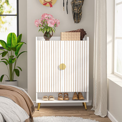 Tribesigns Shoe Cabinet with Doors, 6-Tier Shoe Storage Cabinet with Adjustable Shelves, Wooden Shoes Rack Shoe Storage Organizer for Entryway, Hallway, Closet, Living Room, White & Gold