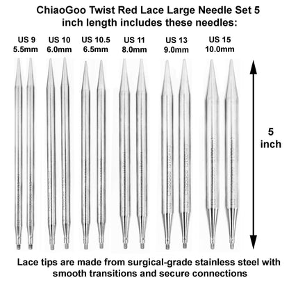 ChiaoGoo Twist Red Lace 5-Inch Large 7500-L Interchangeable Circular Knitting Needle Set, Sizes US 9, 10, 10.5, 11, 13, 15, Stainless Steel with 3 Cords with Project Bag