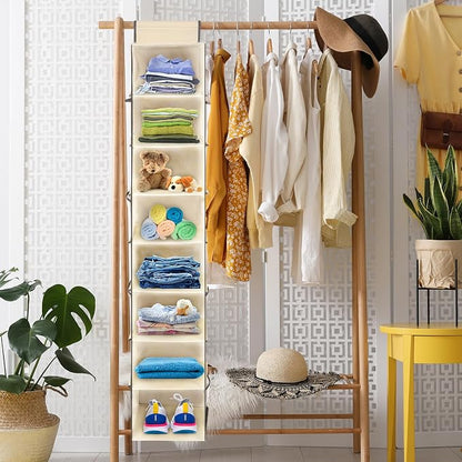2 Pack Large-Sized Hanging Shoe Organizer 8-Shelf, Hanging Closet Organizer with 8 Side Pockets, Wider Hanging Shelves for Storage Shoes Clothes 9" W × 11.8" D× 48" H, Beige.