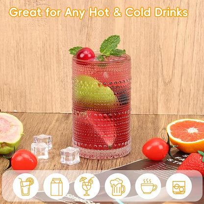 Moretoes 4 Pack Hobnail Drinking Glasses Set, 12 Oz Highball Glasses & 10 Oz Cocktail Glasses, Clear Embossed Water Glass Cups Kitchen Bar Tumbler Glassware Set for Whiskey, Beer, Juice, Milk