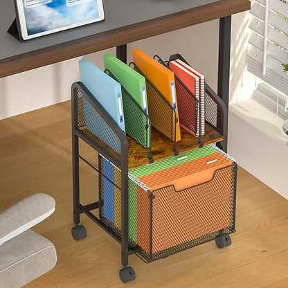 Tiaoheka Rolling File Cabinet with Adjustable Dividers, Vertical Filing Cabinet with Storage Drawer on Lockable Wheels, Hanging File Organizer Beside Under Desk for Office, Home（Patent Pending）
