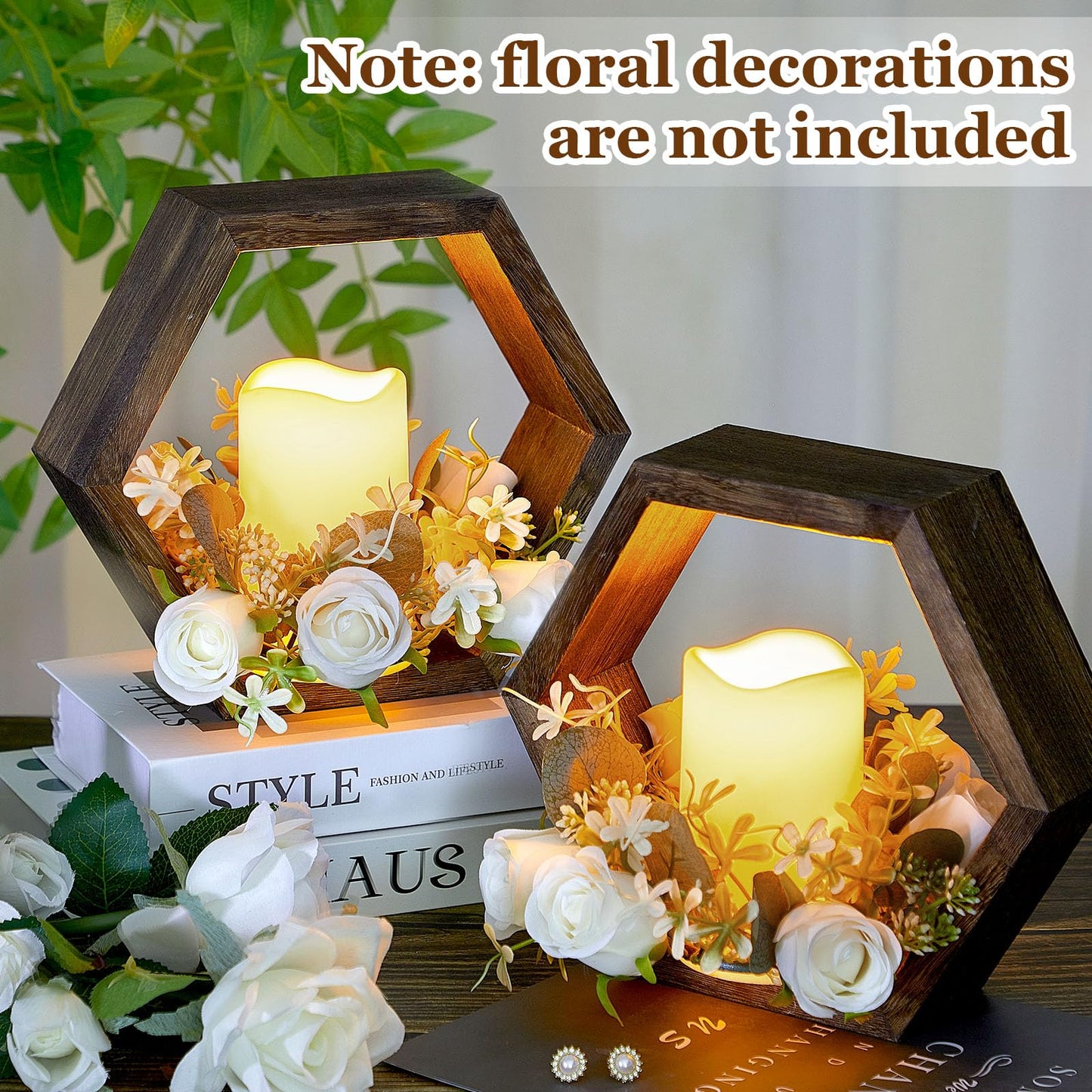 Colingmill 16 Pcs Wooden Candle Lantern Set Includes 8 Rustic Wedding Centerpieces for Table Decorative Candle Lanterns and 8 Flameless Decorative LED Candles for Wedding, Dark Brown, Hexagon
