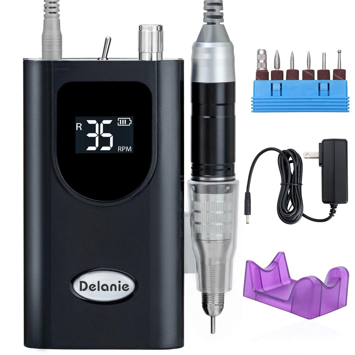 Delanie Professional Nail Drill High Torque 35000 RPM Rechargeable Portable Electric Nail File Filer for Acrylic Gel with Cuticle Bits, Salon Manicure Tool, Purple