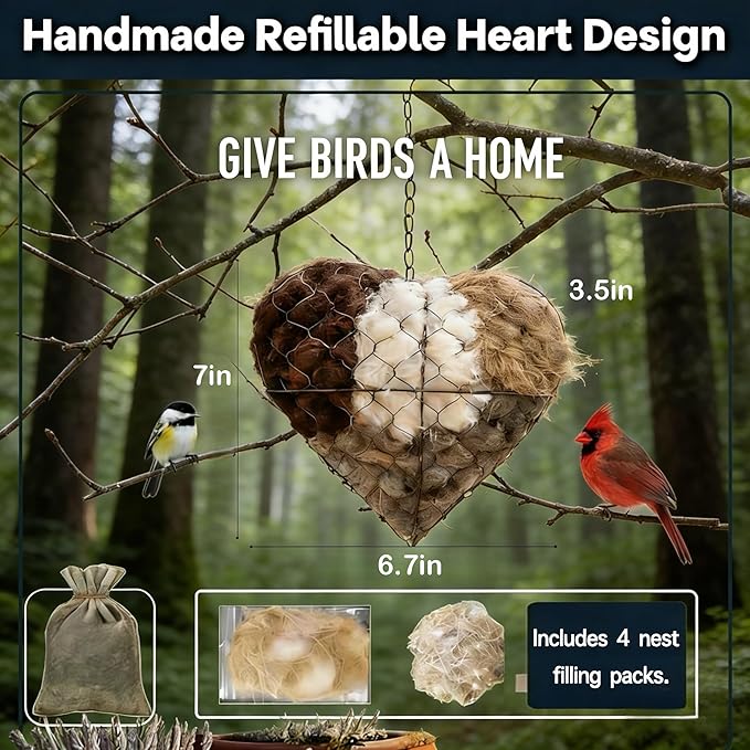 Handmade Alpaca Fiber Bird Nesting Heart, Refillable Nesting Material Accessory for Wild Birds, Outdoor Garden Decoration, Gift for Bird & Nature Lovers, Hummingbird Nesting Material (1 set)