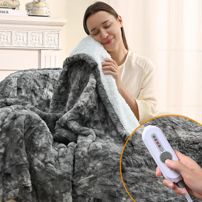 Bearhug Electric Blanket King Size 100" x 90", Dual Controller Heated Blanket, White Flower Patterns Faux Fur & Warm Sherpa, 10-Heat Levels & 1-12H Auto Off,ETL, Machine Washable