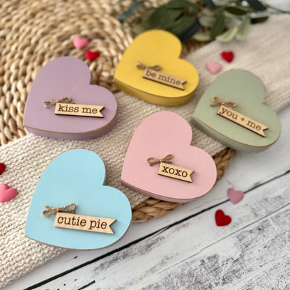 Chunky Wooden Conversation Heart Decor, Valentine’s Day Tiered Tray Shelf Sitter, Farmhouse Valentine Decoration, Candy Heart Inspired Valentine Decor (Blue)