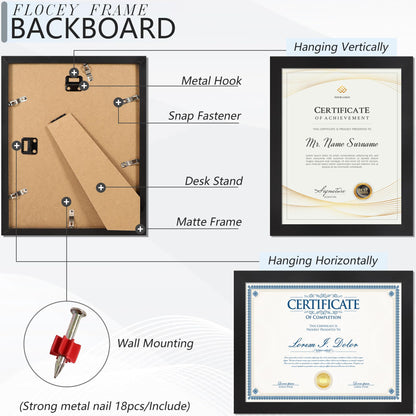 Flocey 8.5x11 Picture Frame set of 15, Multi Certificate 8.5 by 11 Picture Frames Bulk, Document Diploma Award Frame for Wall Hanging or Tabletop Display, Black