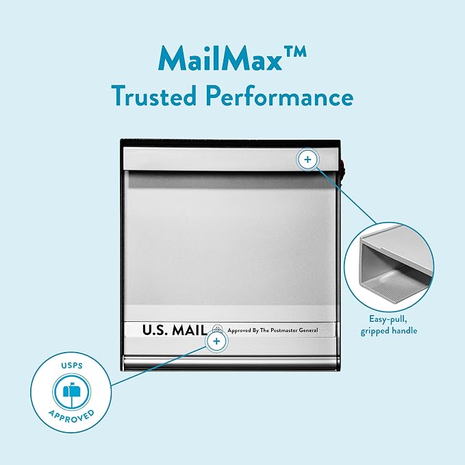 Architectural Mailboxes MailMax Post Mount Mailbox, Black, Large | Modern galvanized steel and aluminum build with rust-resistant powder-coat finish and a magnetic door closure. USPS approved.