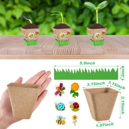 Gueevin 100 Pack Garden Paper Pot Craft Kit Flower Plant Spring Craft Including Peat Plant Pots Adhesive Foam Stickers Pot Stickers EVA Grass for Adults DIY Flower Planting Growing, Square
