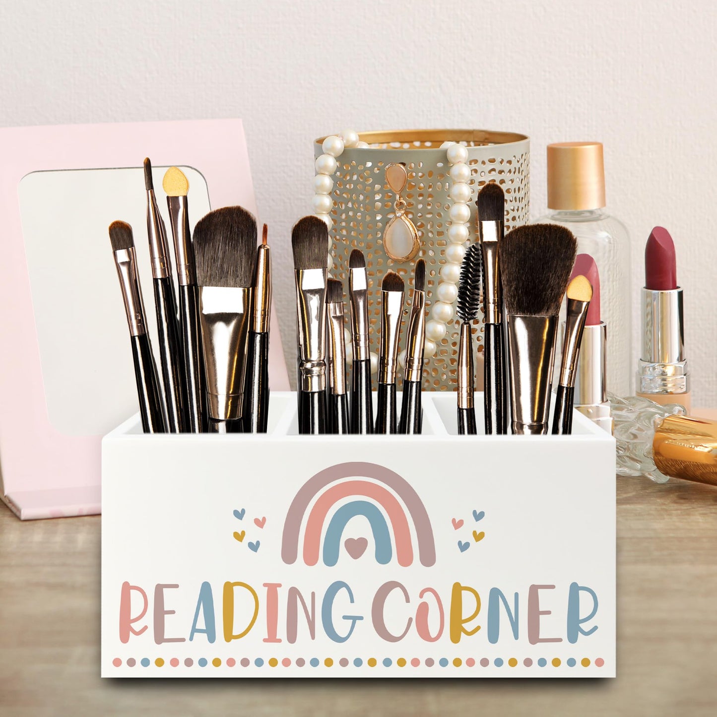 QZQE Boho Reading Corner Pen Pencil Holder Organizer for Desk, Boho Rainbow Bookish Wooden Box Signs Decorations for Reading Nook Corner Room Desk Tabletop, Book Lover Reader Gifts
