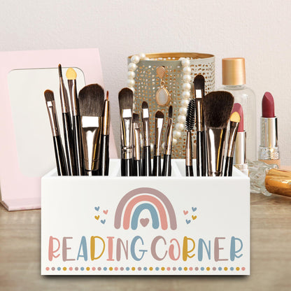 QZQE Boho Reading Corner Pen Pencil Holder Organizer for Desk, Boho Rainbow Bookish Wooden Box Signs Decorations for Reading Nook Corner Room Desk Tabletop, Book Lover Reader Gifts