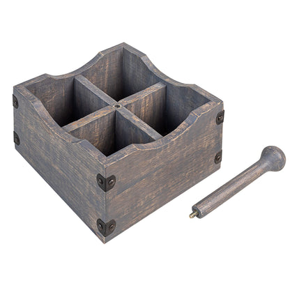 GoCraft Square Wooden Flatware & Silverware Caddy - 4 Divided Compartments, Grey Washed Mango Wood Utensil Holder with Detachable Handle Rod, Stylish Kitchen Storage Organizer for Home & Dining