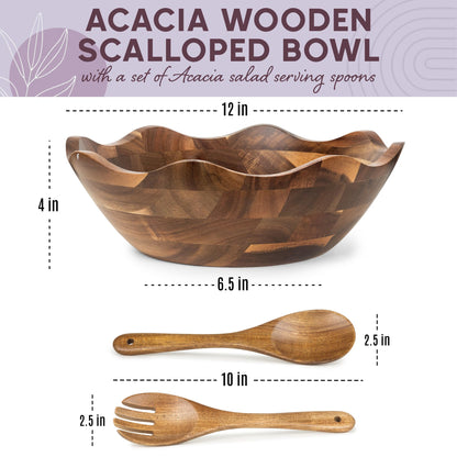 Wood Salad Bowl with Serving Utensils - Large Scalloped Decorative 12" Acacia Wooden Mixing Bowls Set with Spoons - Handcrafted Farmhouse Kitchen Serveware for Fruit, Pasta, Snacks and Home Decor