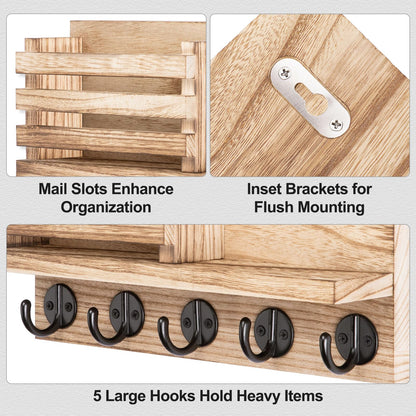 Lwenki Key Holder for Wall – Decorative Wooden Mail Holder and Key Shelf with Mounting Hardware, Installation Guide – Paulownia Wood with Metal Key Hooks (Wood, Large - 11.8inch)
