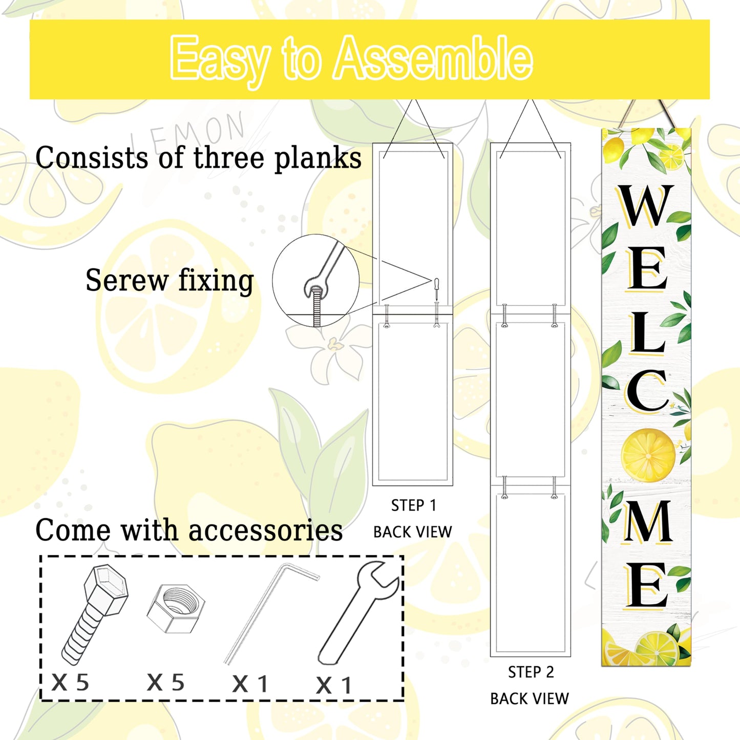 Summer Wooden Porch Sign 47" Large Lemon Welcome Sign Vertical Indoor Outdoor Standing Sign For Garden Home Yard Farmhouse