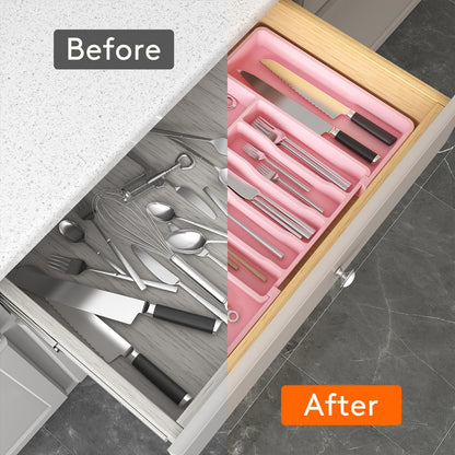 Lifewit Silverware Drawer Organizer, Expandable Utensil Tray for Kitchen, BPA Free Flatware and Cutlery Holder, Adjustable Plastic Storage for Spoons Forks Knives, 8.5"-14.1" x 12.1", Black