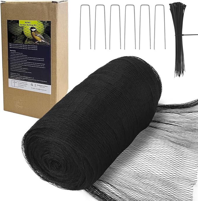 Bird Netting for Garden - 28 x 30 FT Heavy Duty Anti Bird Netting Mesh with Ties and Landscape Staples for Vegetable, Fruit Trees & Other Plants, Lasting Against Birds Deer Squirrels and Poultry