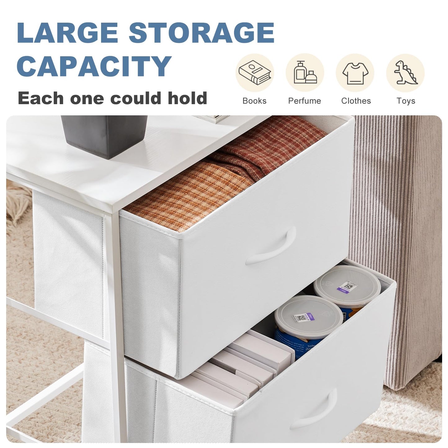 DUMOS Nightstand Small Dresser with 2 Fabric Drawers Side Tables Bedroom End Table Kids Bedside Storage Furniture for 20 inch Tall Night Stand for Closet, Entryway, College Dorm, White