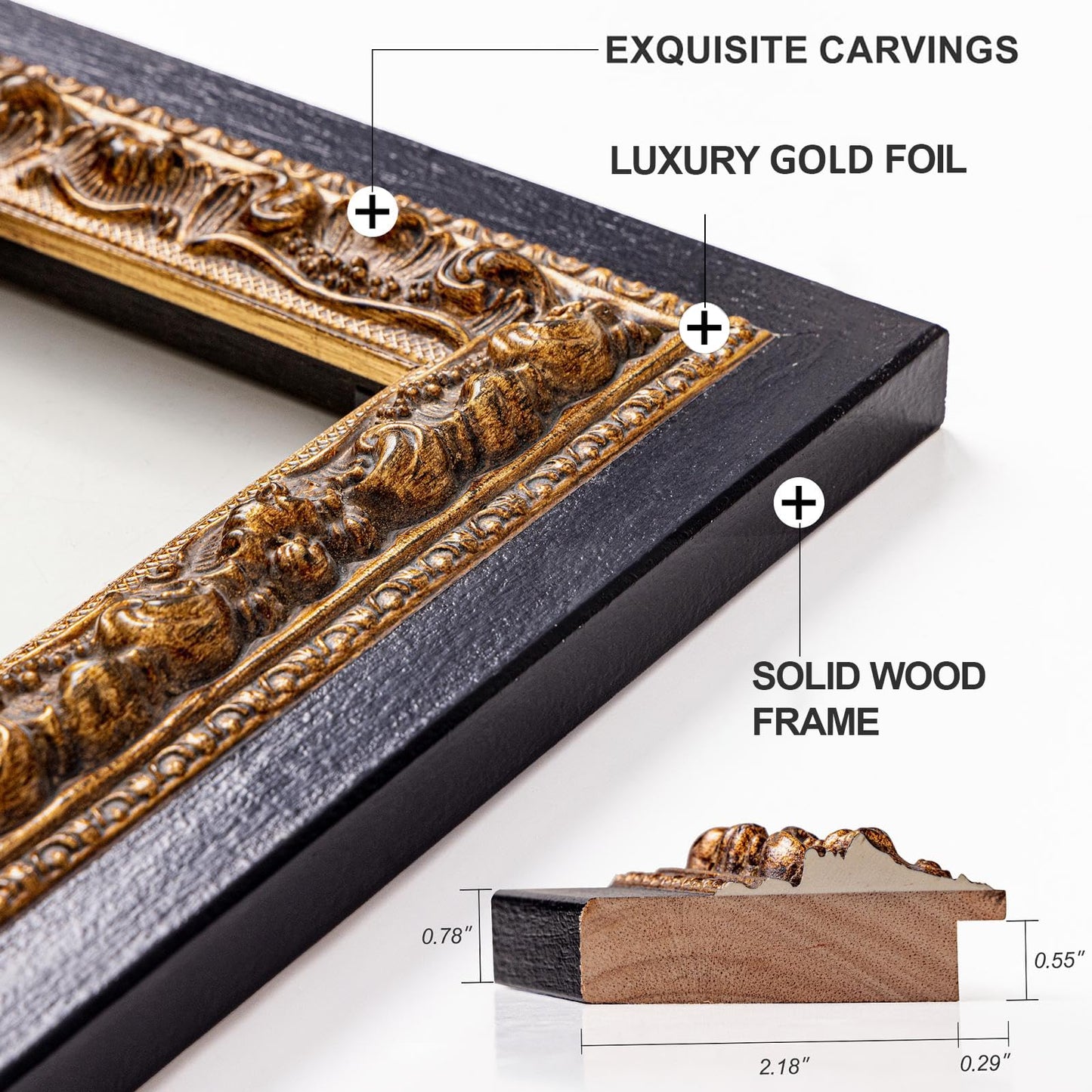 Autdot 52"x36" Wall Mirrors Decorative, Black Bathroom Vanity Mirror with Gold Foil Carvings Wooden Frame for Living Room, Entryway and Bedroom