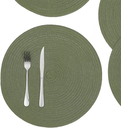 SHACOS Round Placemats Set of 4 Washable 15 inch Round Table Mats Cotton Polyester Woven Braided Place Mats for Dining Table Wedding Party Decor (Olive Green, 4)