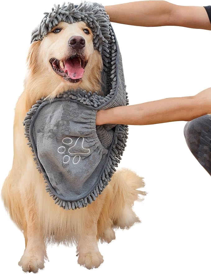 Microfiber Dog Bath Towel, Grey | Super Absorbent, Quick Dry, Hand Pockets, Machine Washable