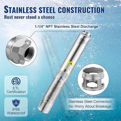 VEVOR Deep Well Submersible Pump, 3HP/2200W 230V/60Hz, 37GPM Flow 640 ft Head, with 33 ft Electric Cord, 4 inch Stainless Steel Water Pumps for Industrial, Irrigation & Home Use, IP68 Waterproof Grade
