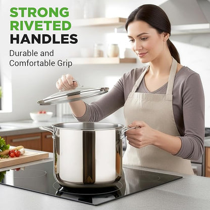 NutriChef 12-Quart Stainless Steel Stockpot – 18/8 Food Grade Heavy-Duty Induction-Compatible Pot with See-Through Lid, Ideal for Stews, Broths, Simmering & Soups, Dishwasher Safe – NCSP12
