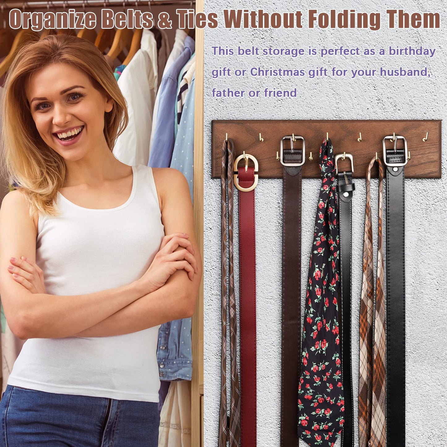 Creproly Belt Organizer - Wall Mounted Hanger for Closet, Holds Over 28 Belts - Wooden Rack with Tie and Scarf Storage (Brown)