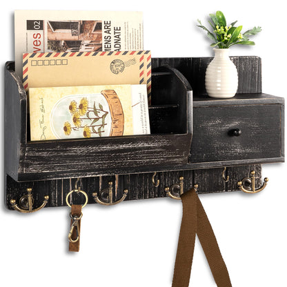 Rebee Vision Key Holder Wall Mount with Drawer & Mail Sorter – Rustic Wall Mail Organizer with Key Hooks for Entryway, Office, and Kitchen – Wooden Storage Drawer for Letters & File (Old Black)