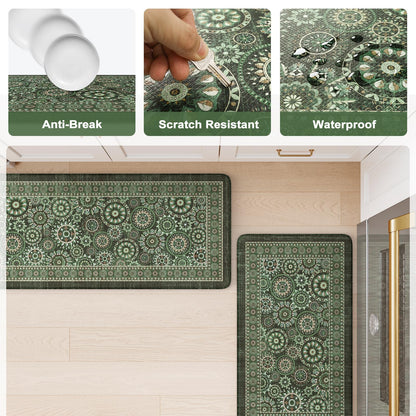 KIMODE Anti Fatigue Kitchen Mats for Floor 2 Piece Cushioned Boho Kitchen Rugs Memory Foam Kitchen Floor Mats Standing Desk Mats for Laundry Office Sink Green 17"x47"+17"x29"