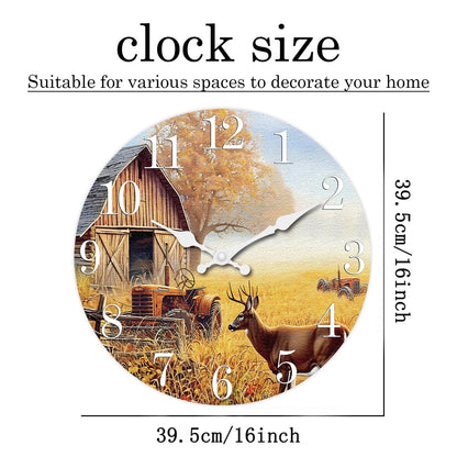 XNM Rustic Wooden Decorative Wall Clocks Battery Operated 16 Inch Farmhouse Natural Landscape Wall Clock for Living Room Farm Deer Silent Wall Clock Non Ticking