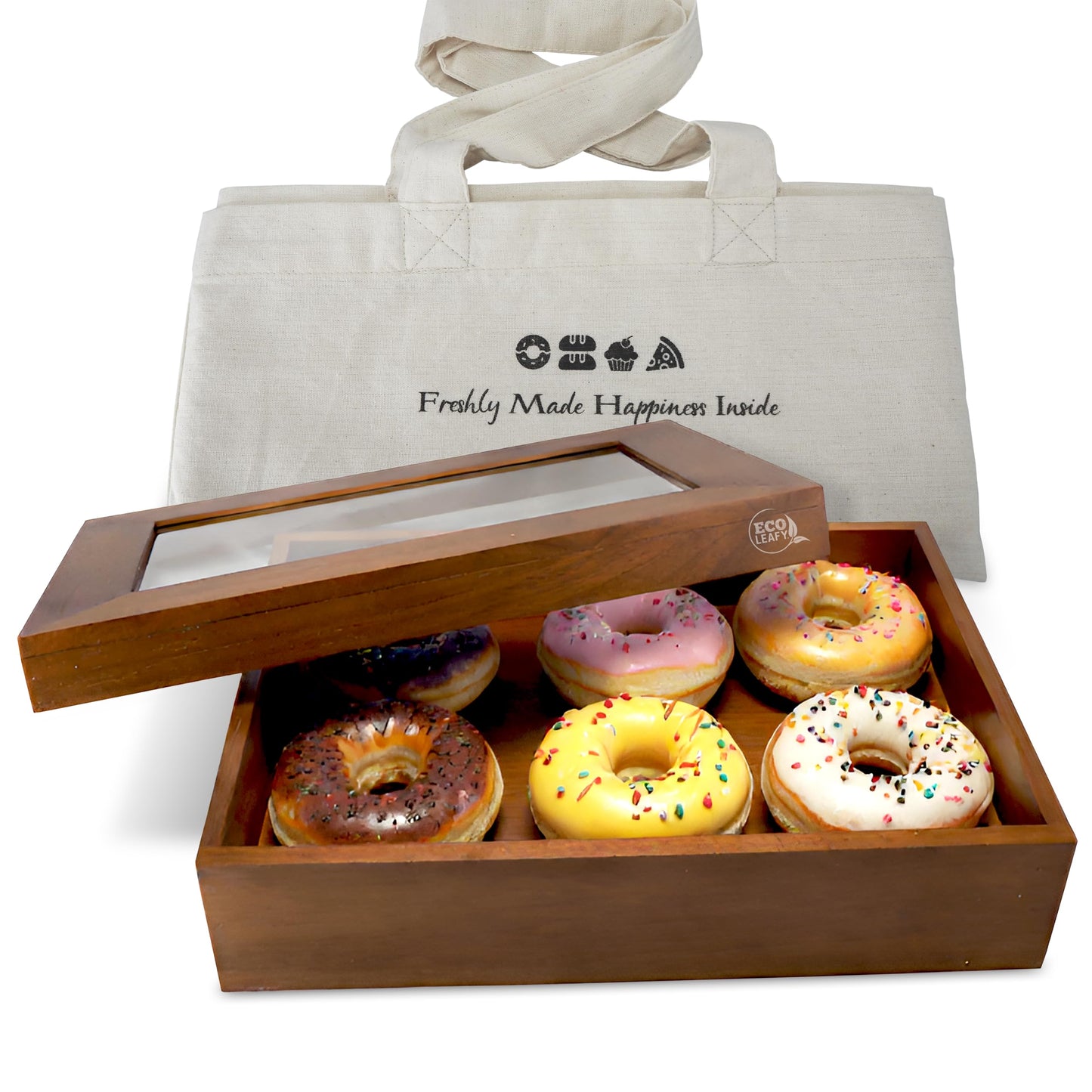 EcoLeafy Dot Wooden Bakery Box with Window - 12x8x2.5 Inches– Treat Boxes for Pastry, Desserts, Donuts, Muffins or Baked Goods- Comes with Reusable Canvas Bag-Ideal Baker Gifts for Women