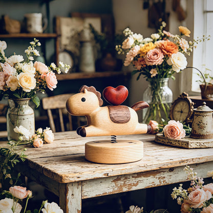 YANISM Wooden Horse Figurine with Magnetic Heart,Spring Swaying Ornament,Romantic Love Right Away Gift for Her or Him,Year of the Horse Gift