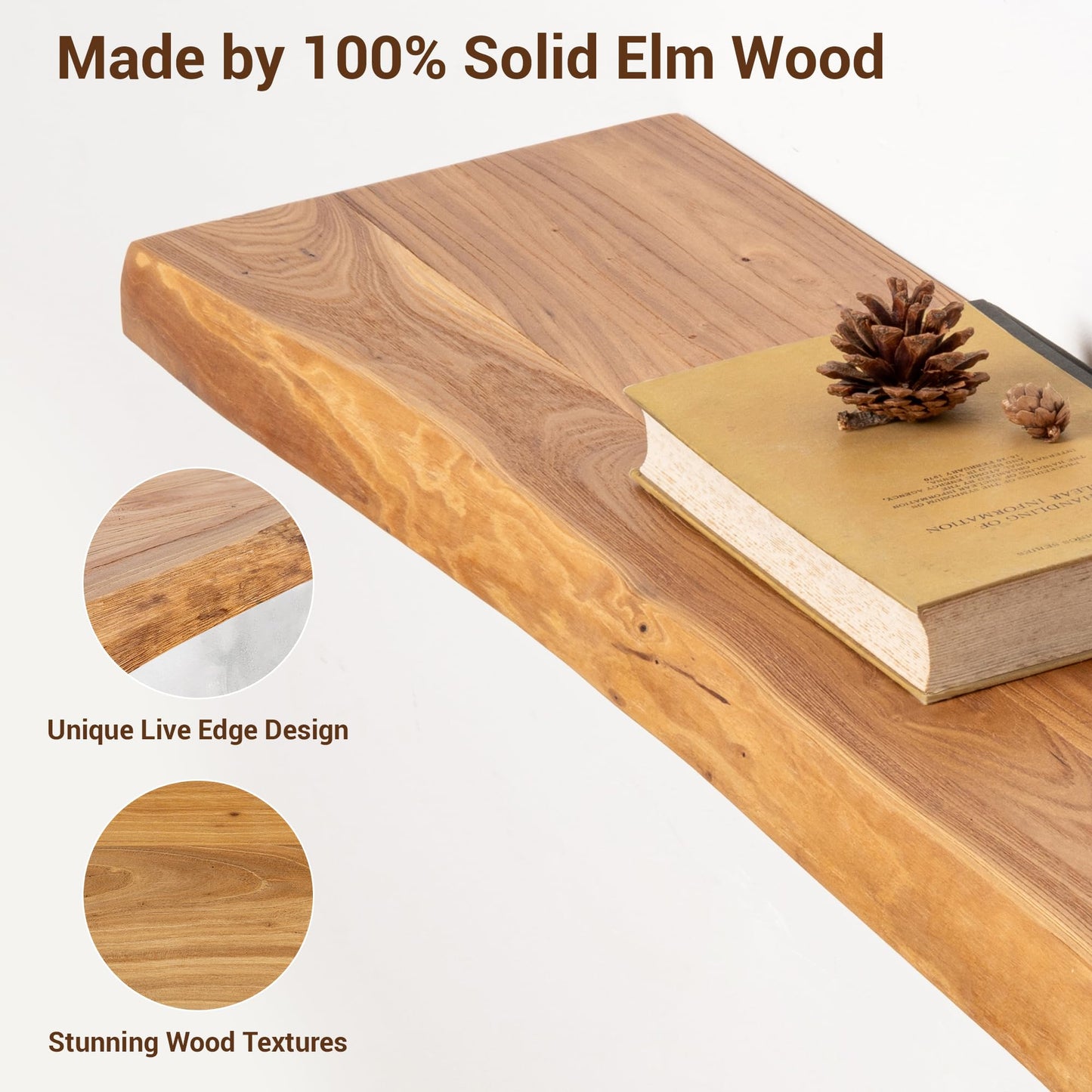 fuqing Live Edge Floating Shelves for Wall - Solid Elm Wood Floating Shelves 48 Inch - 9 Inch Deep Natural Wooden Wall Shelves with Heavy Duty Metal Brackets and Anchors
