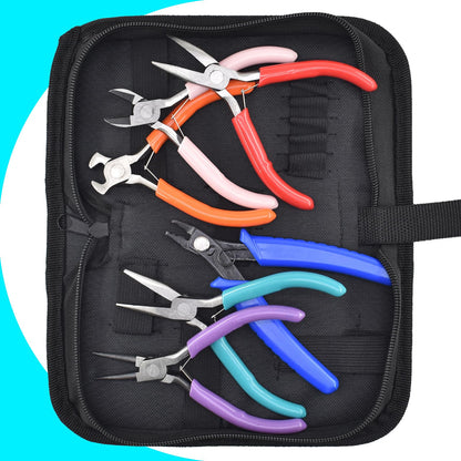 6Pcs Jewelry Pliers Making Tools Kit for Necklace, Bracelet, Earrings or Repairing, Include Wire Cutters, Nose, Crimping, Bent Nose Pliers, End Nippers for Beading Craft