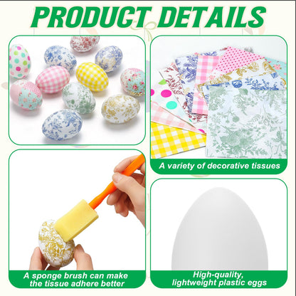Gemscream 82 Pcs DIY Easter Unfinished Egg Decoupage Craft Include 24 White Eggs 50 Decoupage Napkins 5 Glues 3 Sponge Brushes Easter Decorations Party Favors for Craft Activities Family Party