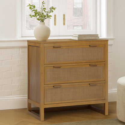 Teamson Home Hatteras 30'' W 3-Drawer Dresser with Rattan Inset Panels, Solid Pine Wood Frame and Acacia Veneer Plus Anti-Tip Kit Included, Coastal Modern Style, Natural Finish