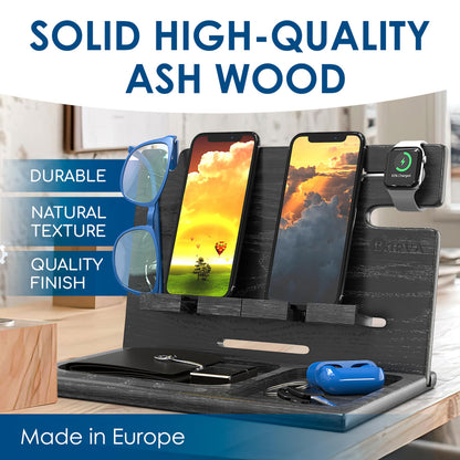 BarvA Two Phone Docking Station | Night Stand Desk Organizer | Wood Nightstand Organizer | Tablet Smart Watch Earbuds Charging Station | Upgraded Dresser Phone Stand | Bed Room Decor Gifts for Men