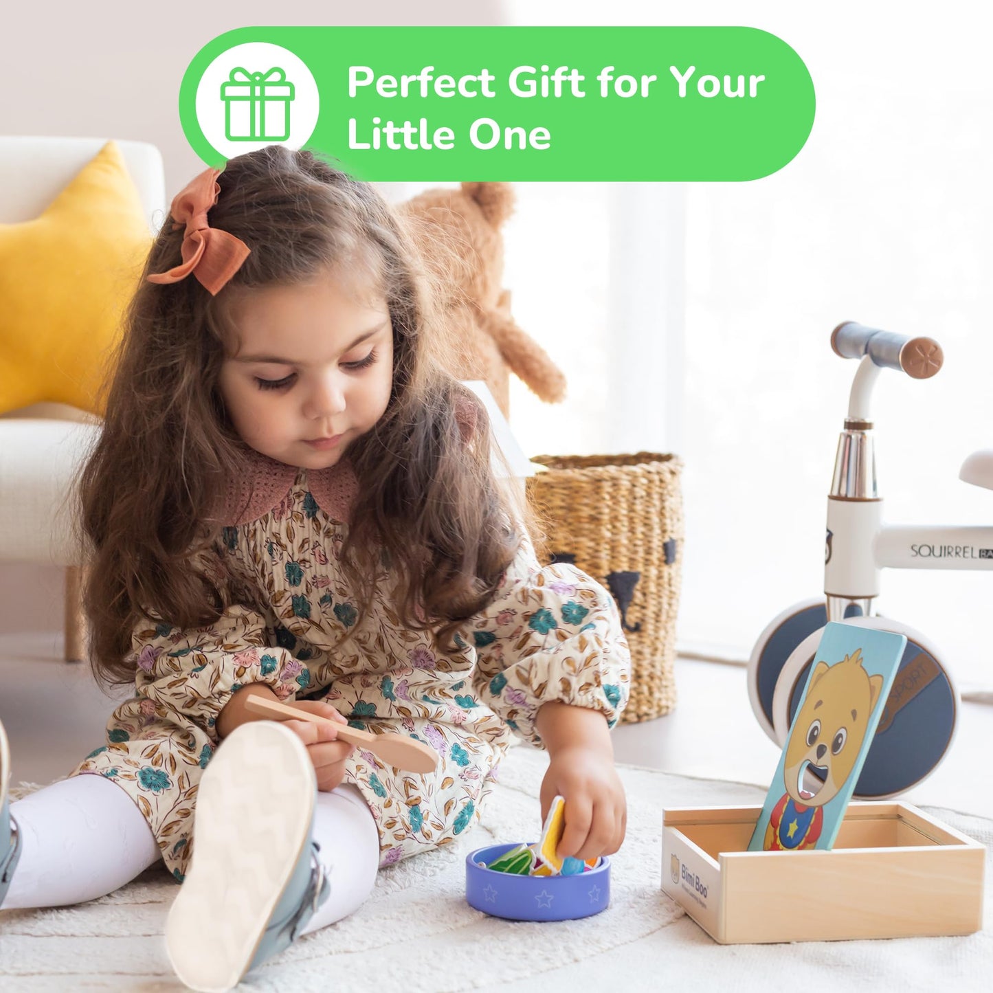 Bimi Boo Wooden Feeding Toy - Montessori Scooping & Fine Motor Toy for Toddlers 1-4 | Speech Therapy & Occupational Therapy Pretend Play Food Set | 27 Foods, Spoon & Bowl
