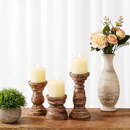Rustic Wooden Pillar Candle Holders Set of 3 in Vintage Natural, Florence Style, Farmhouse Wooden Candle Holder, Wooden Candle Stand, Small Wooden Candlestick Holders, Living Room, Table Centerpiece
