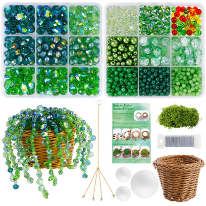 Wurosi 853 PCS Green Beaded Plant Kit with Rattan Basket, Green Beads for Beaded Plants with Hanging Chain and Video Manual, Forever Plant Beaded Making Kit for Jewelry Making and DIY Crafts
