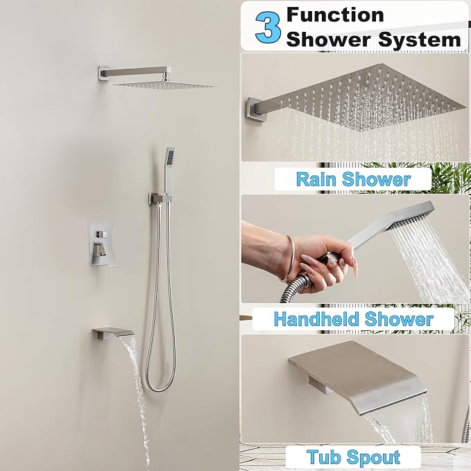 Brushed Nickel Shower System with 10-Inch Rain Showerhead and Tub Spout | cUPC-certified pressure balance brass valve to prevent scalding, CEC-certified air injection technology for low pressure