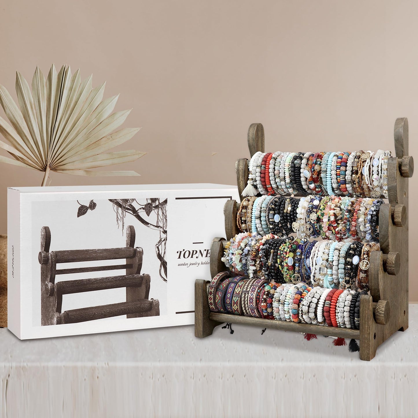 TOPNEW 4 Tier Wooden Bracelet Holder, Scrunchie Bangle Watch Necklace Display Storage Jewelry Holder Stand Display Organizer, Brown